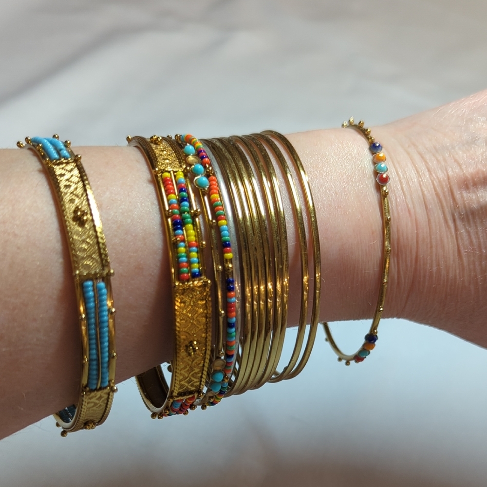 Gold Turquoise and Multicolor Egyptian Beaded Bangle Set